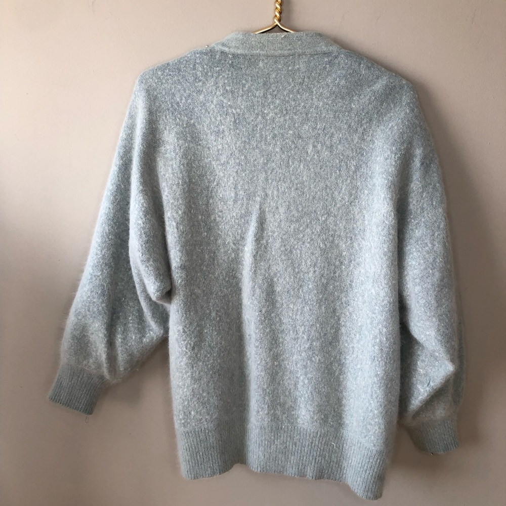 Beautiful Vintage Pastel Blue Pure Angora Fuzzy Pearl Cardigan Sweater Size L - Picture 4 of 12